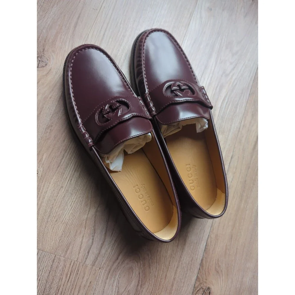 Gucci GG Interlocking Leather Loafers Bordeaux Mens 10